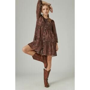 Lucky Brand Brown Paisley Babydoll Dress Boho Long Sleeve Size L